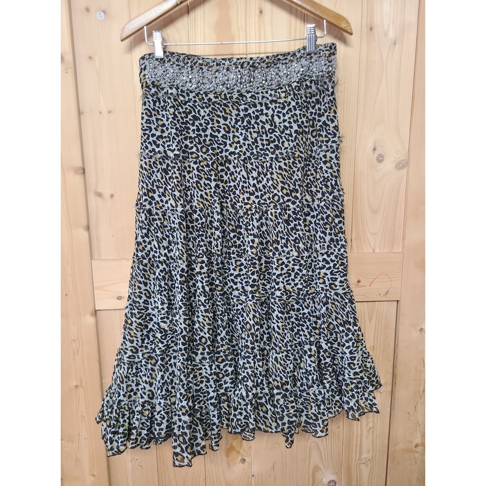 Dimri Leopard Print Midi Skirt Women L Brown Good Beaded Tiered Ruffle Y2K Glam